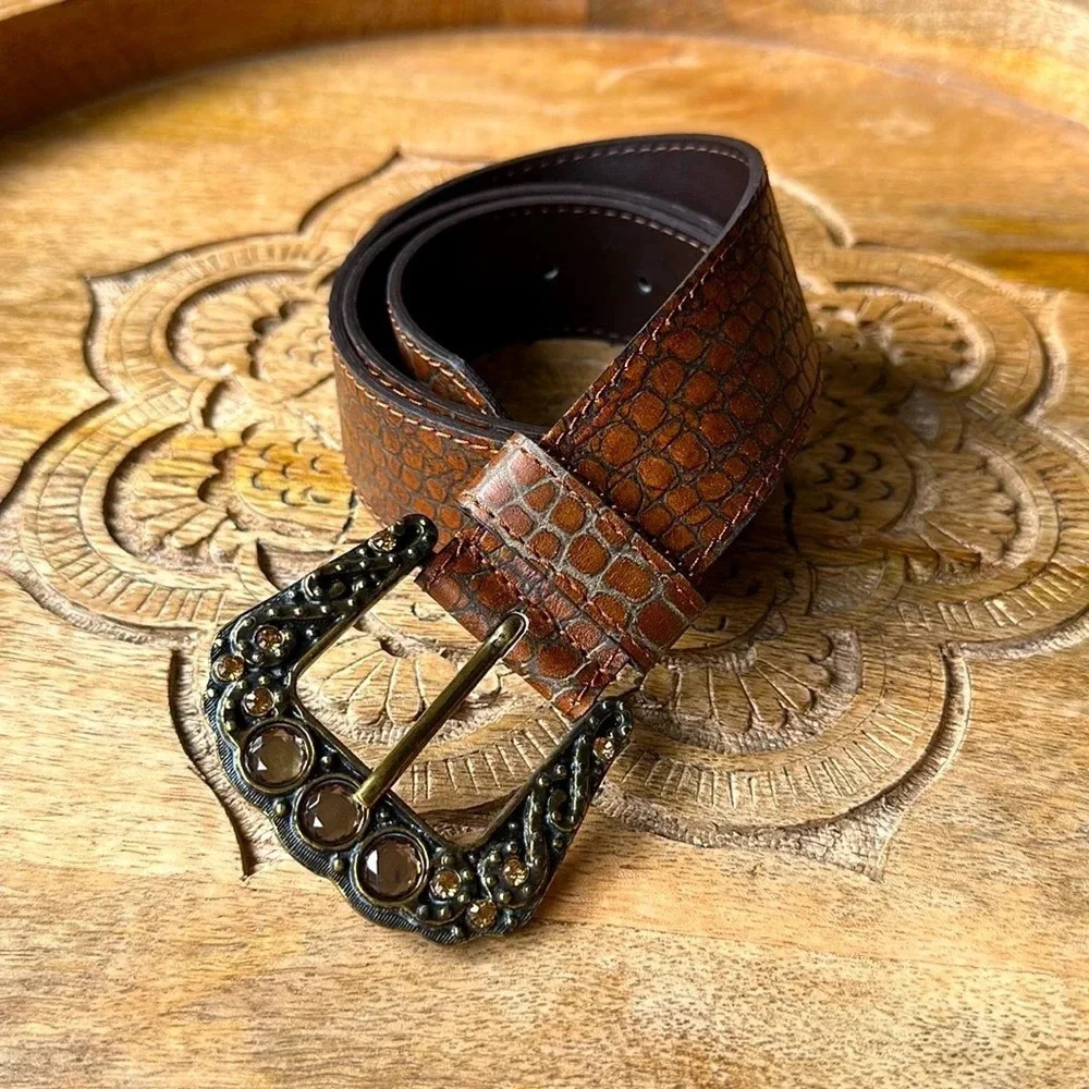 Vintage Italian Leather Croc Embossed Statement Belt Boho Western Y2K Buckle